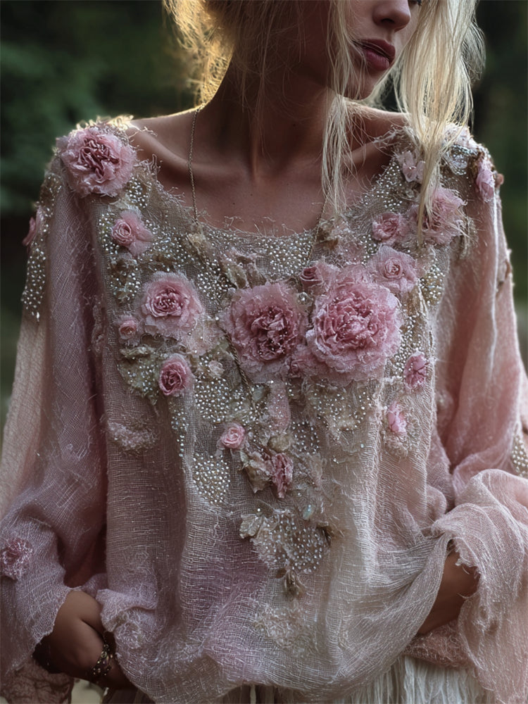 Boho Pink Flowers Fiber Art Glitter Beaded Flowy Linen Tunic