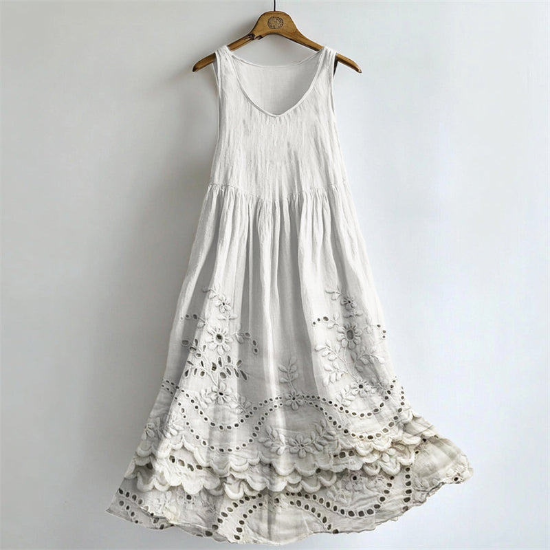 Cottage Floral Lace Embroidered Flowy Linen Tank Dress