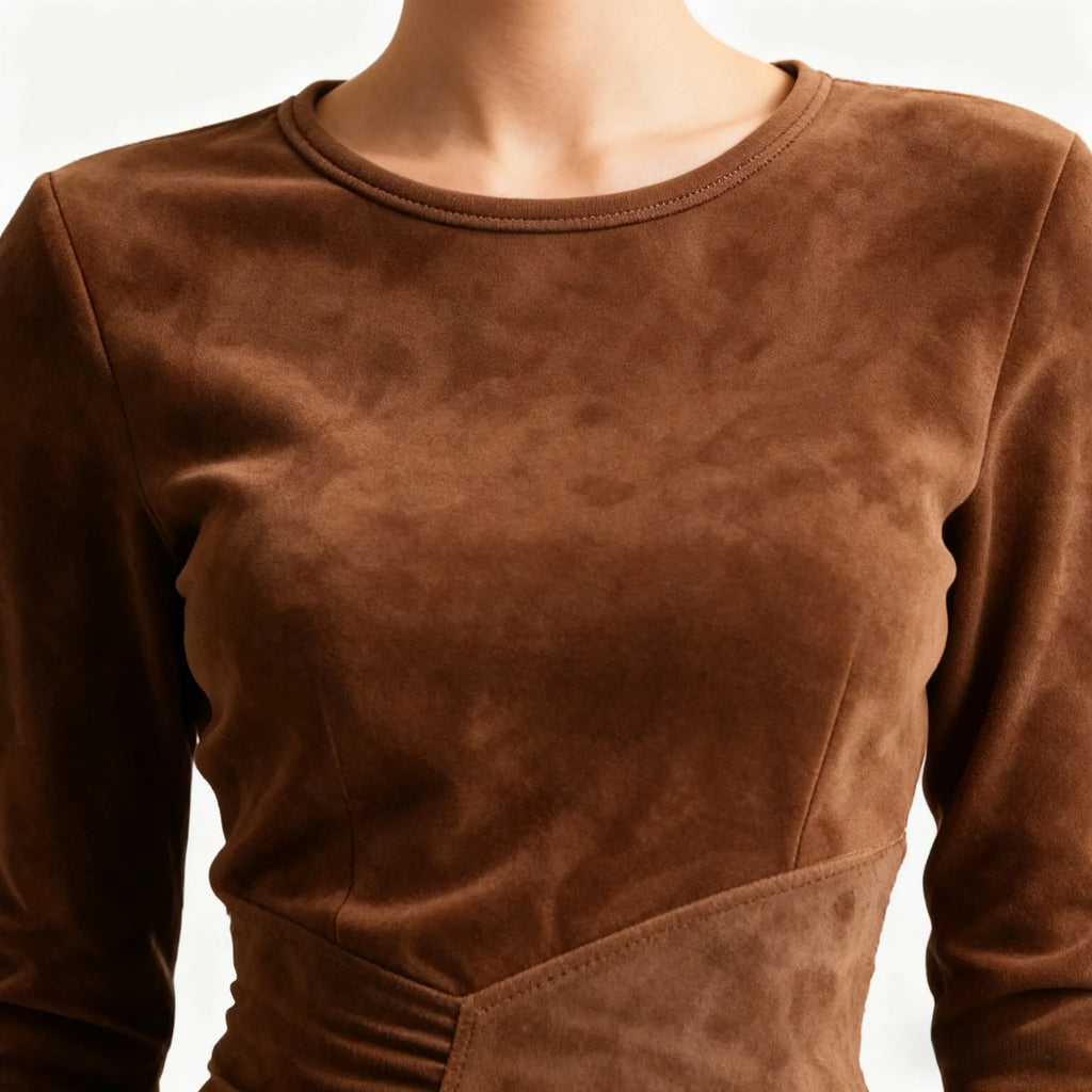 Outdoor Retro Western Style Women's Suede Tassel Long Sleeve Round Neck Dress