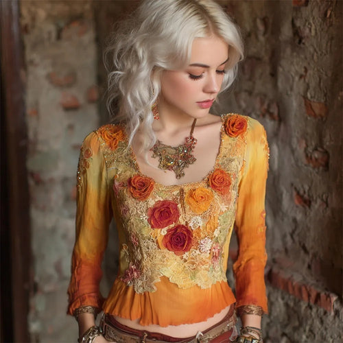 Autumn Floral Vintage Lace Patchwork Art Women's Long Sleeve Top