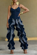 Dark Blue Denim Ruffle Wide Leg Jumpsuit