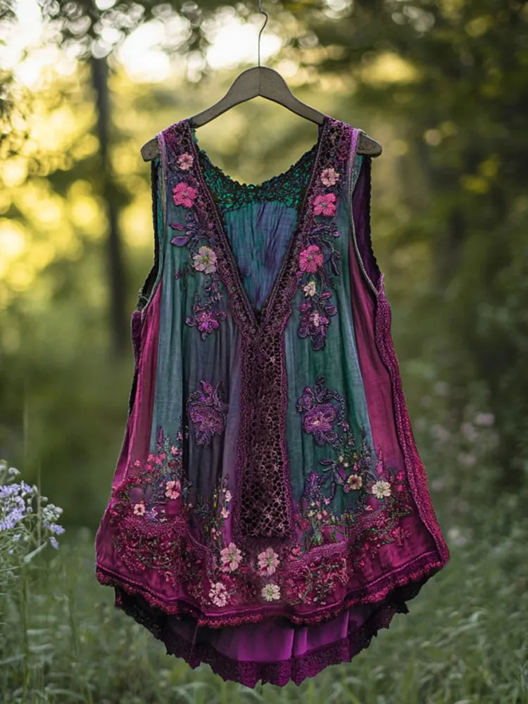 Boho Lavender Lace Art Linen Lace Patchwork Art  Sleeveless Tank Top