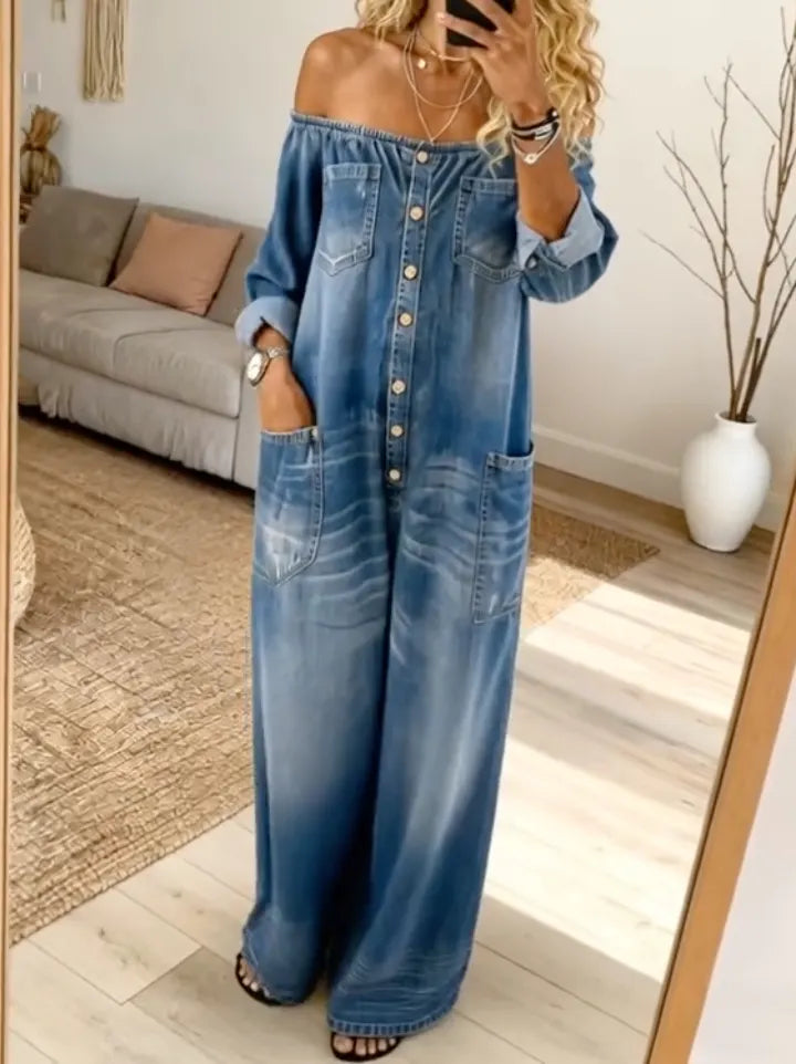 Blue Denim Off-the-Shoulder Wide Leg Jumpsuit