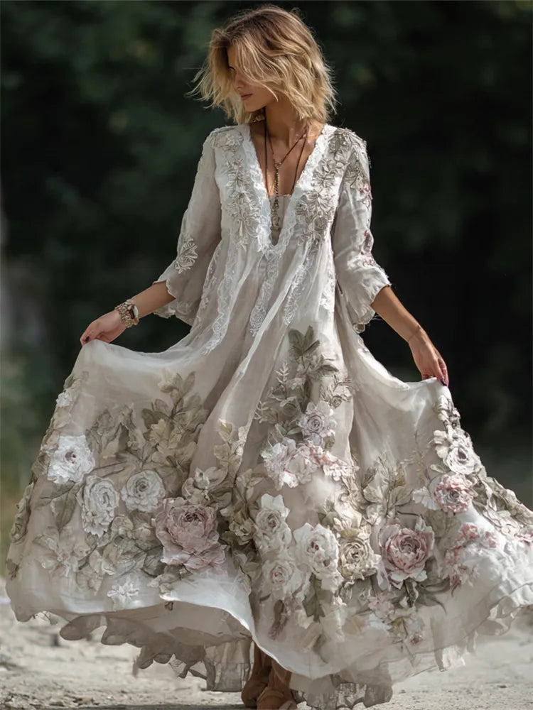 Boho Pink & White Flowers Fiber Art Flowy Linen Maxi Dress