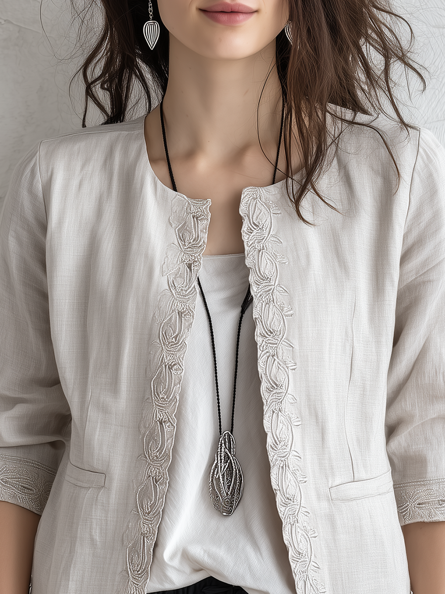 Exquisite Ivory Embroidered Linen Cardigan