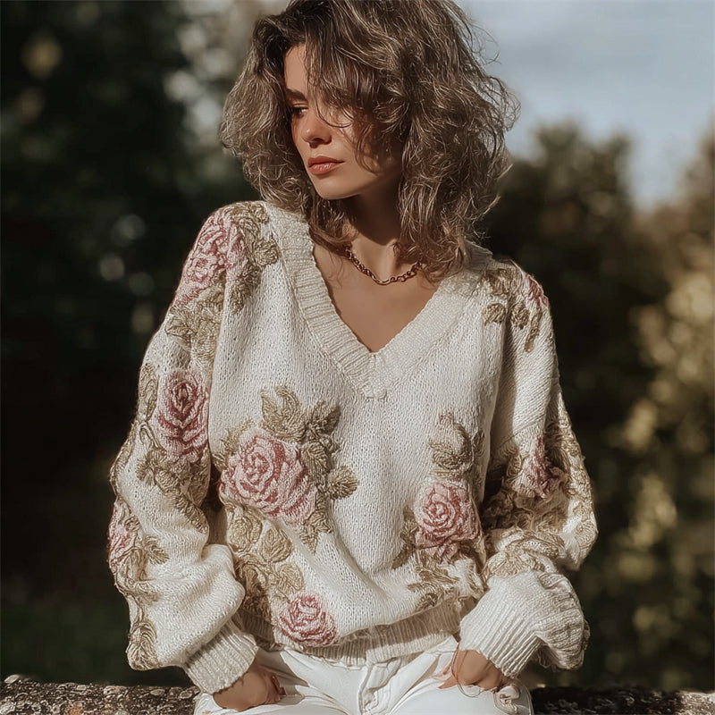 Classy Vintage Roses Glitter V Neck Cozy Knit Sweater