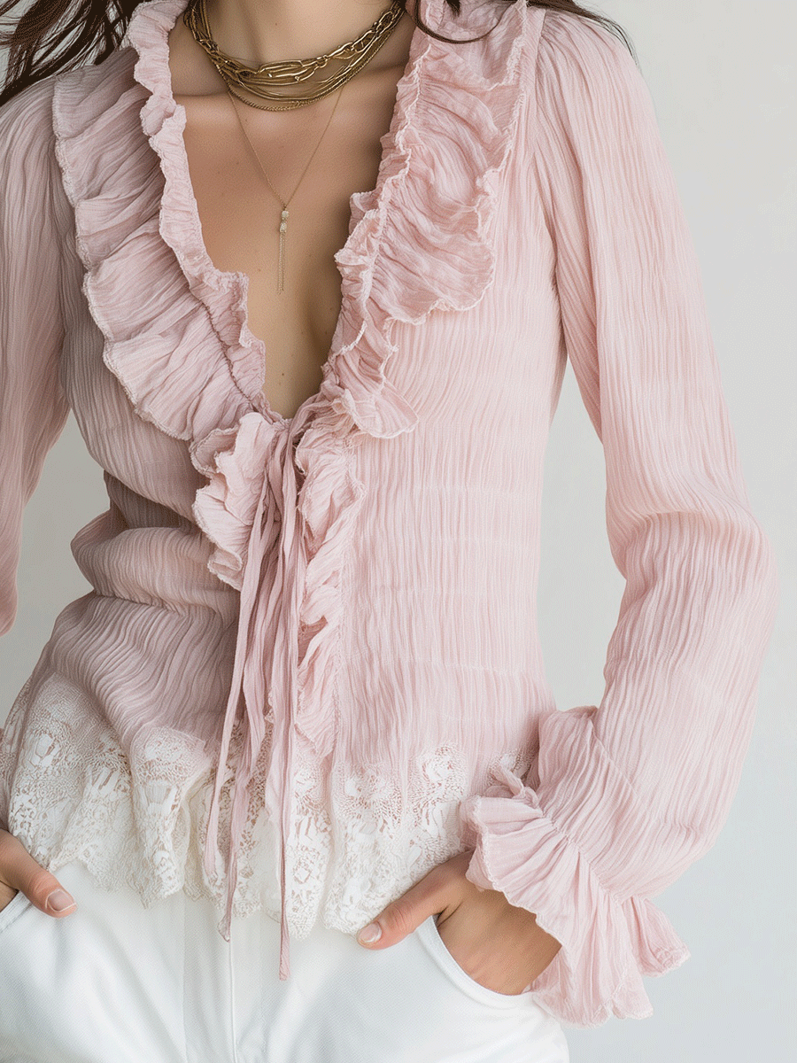 Romantic Boho Chiffon Ruffle Deep-V Lace-Hem Blush Pink Blouse