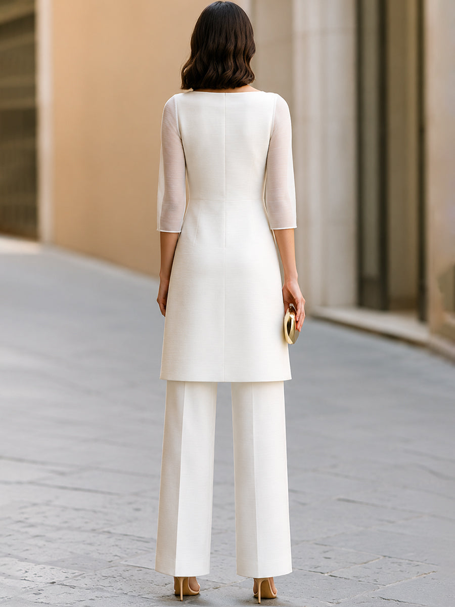 Sheer Sleeve Split-Front Tunic And Wide-Leg Pants Set