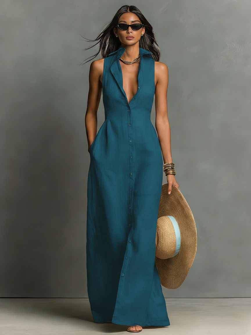Women's Minimalist Linen-Blend Collared Single-Breasted Sleeveless Maxi Shirt Dress