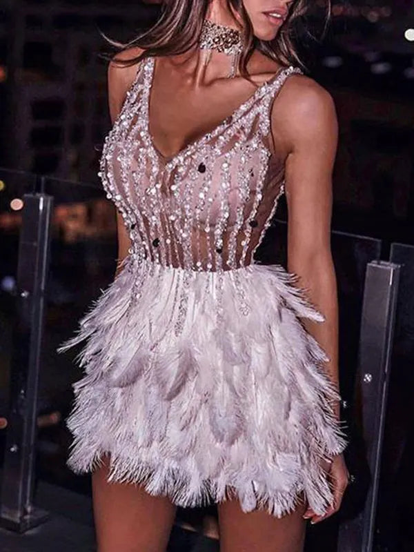 Feather Sequined Split-Joint Mini Dress