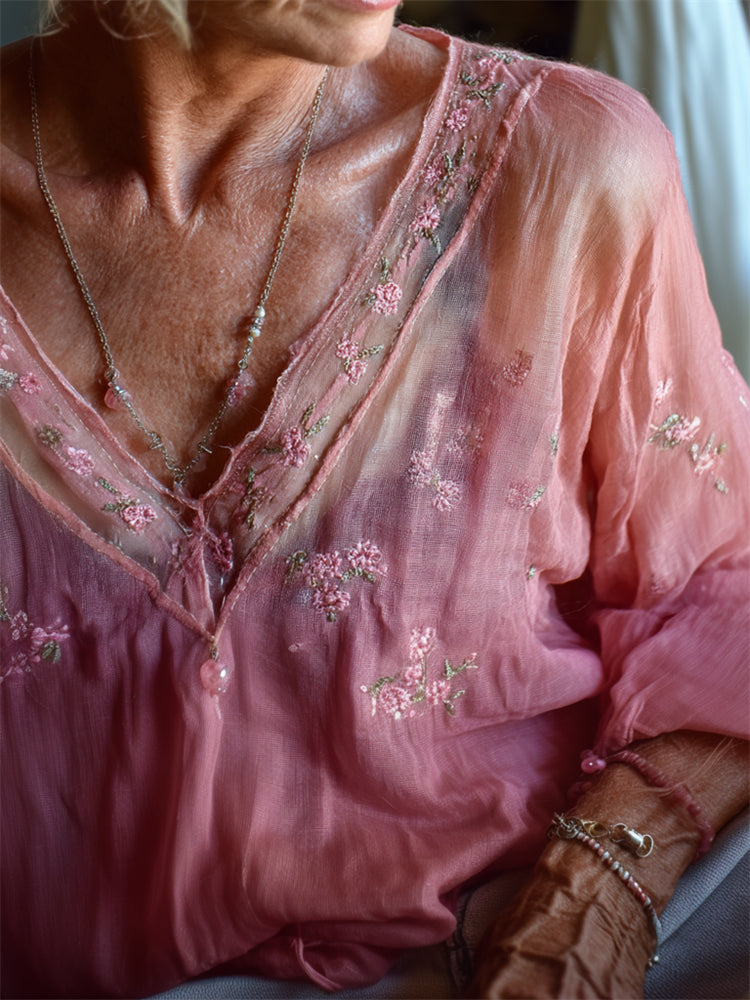 Vintage Pink Floral Embroidered Flowy Gradient Linen Tunic