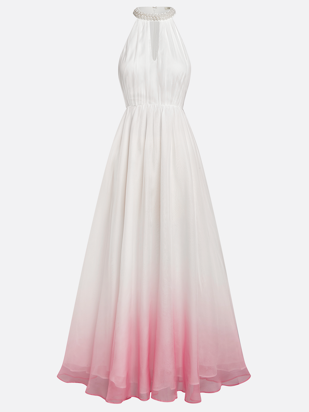 Pink Chiffon Halter Ombre Imitation Pearls Cut Out Sleeveless A-Line Mock Neck Maxi Dress
