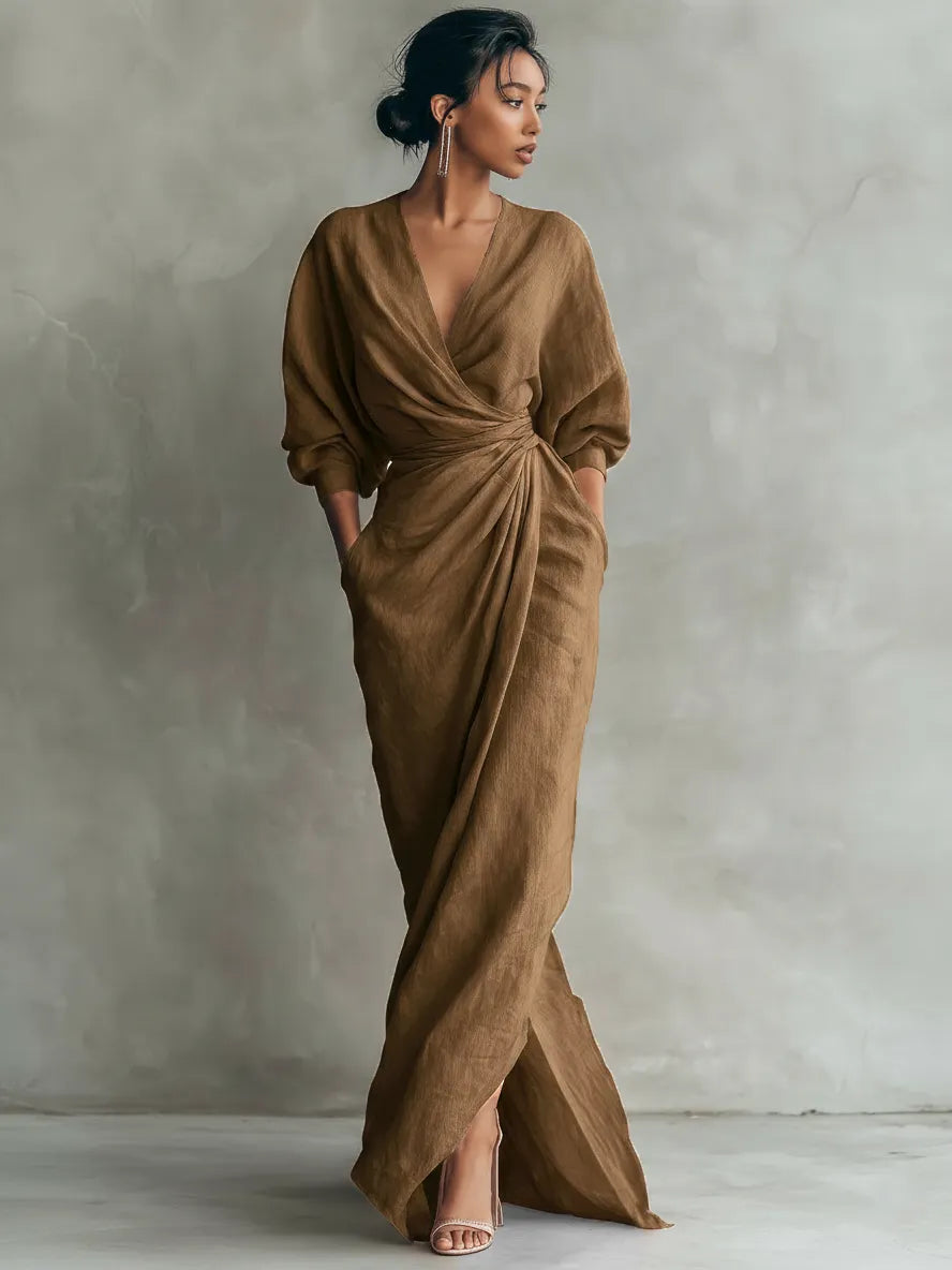 Women's  Pink Minimalist V-neck Linen Blend Maxi Dress MDA1655L0Y