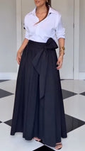 White Collared Shirt & Black Bow‑Tie Maxi Skirt Outfit