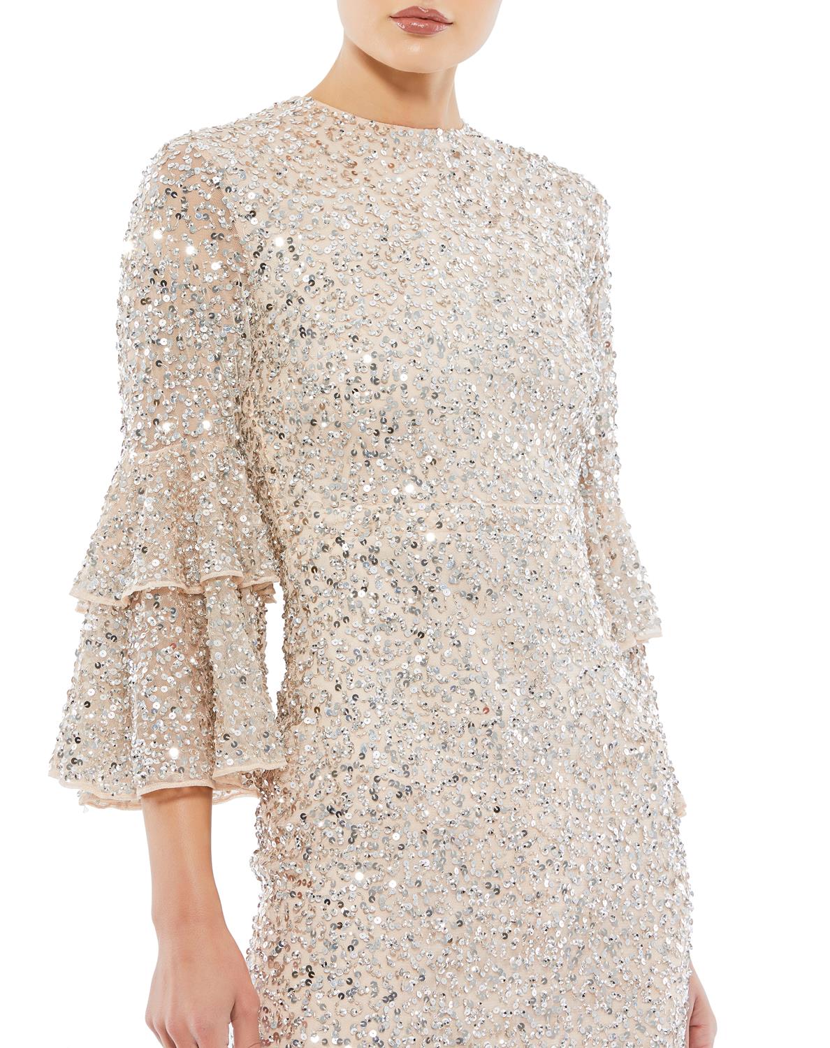 Fully Sequined Ruffle Tiered 3/4 Sleeve Midi Dress