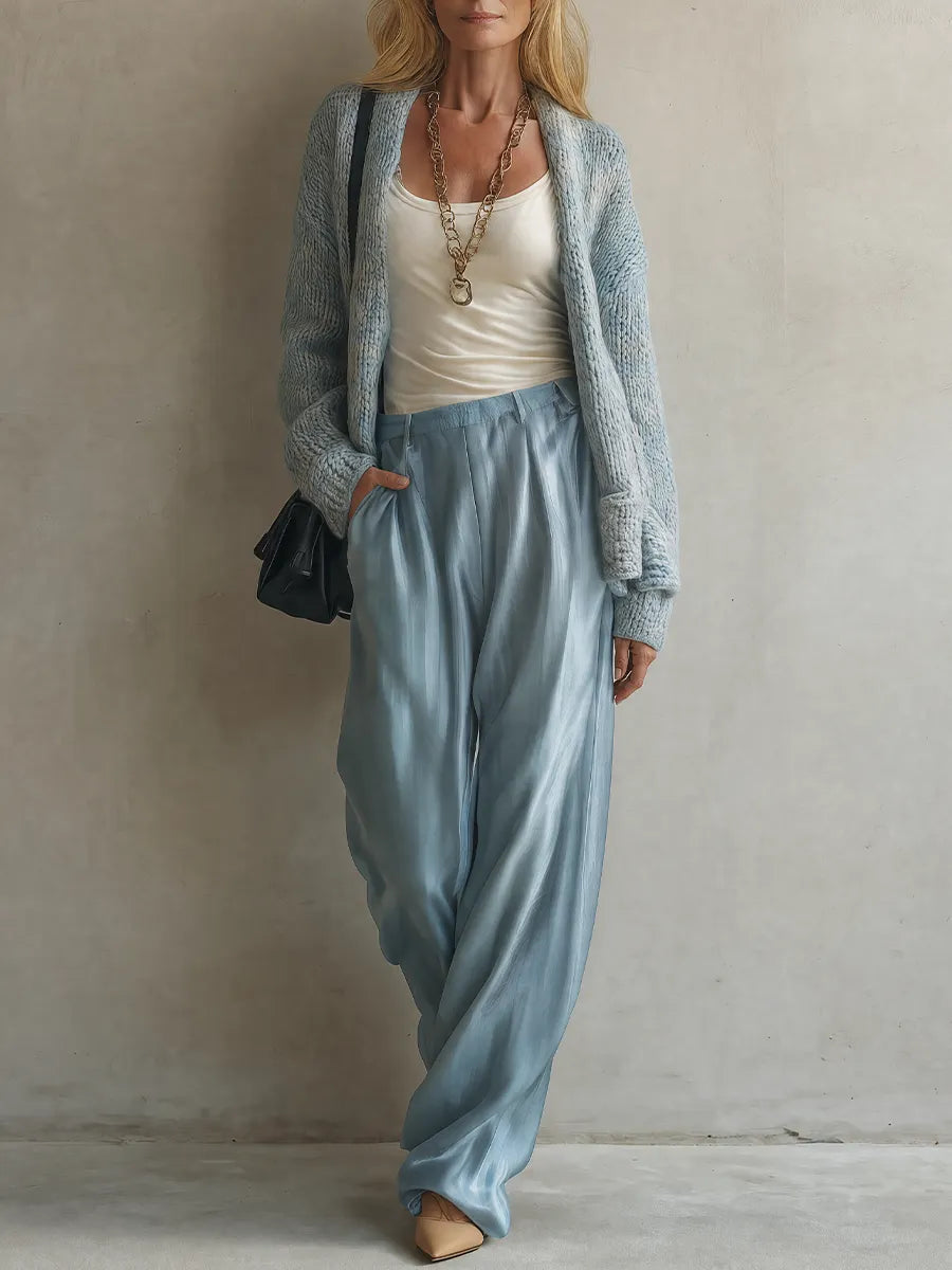 Relaxed Minimal Blue Cardigan & Satin Palazzo Pants Outfit