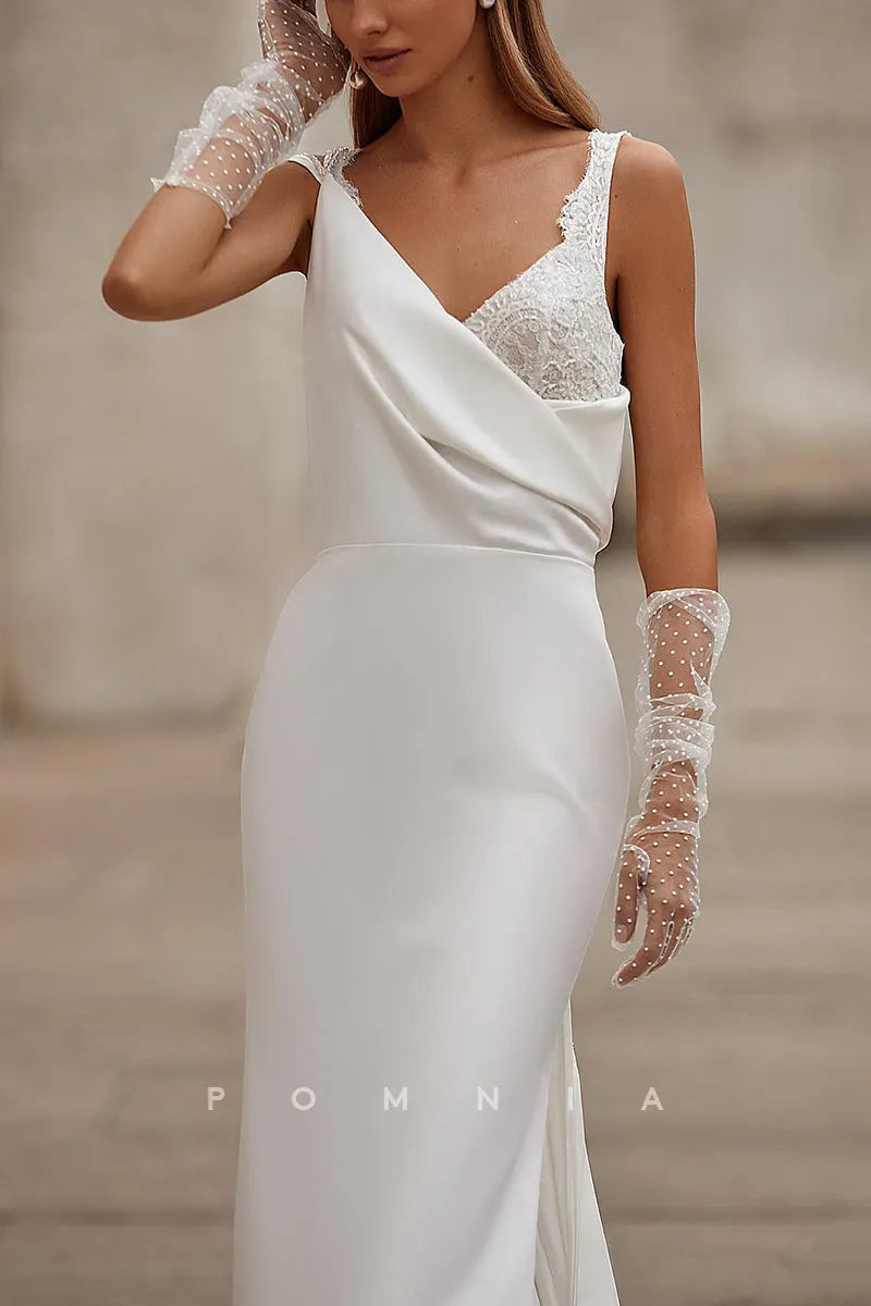 P3212 - Elegant Straps V-Neck Sleeveless Mermaid Pleated Long Beach Wedding Dress