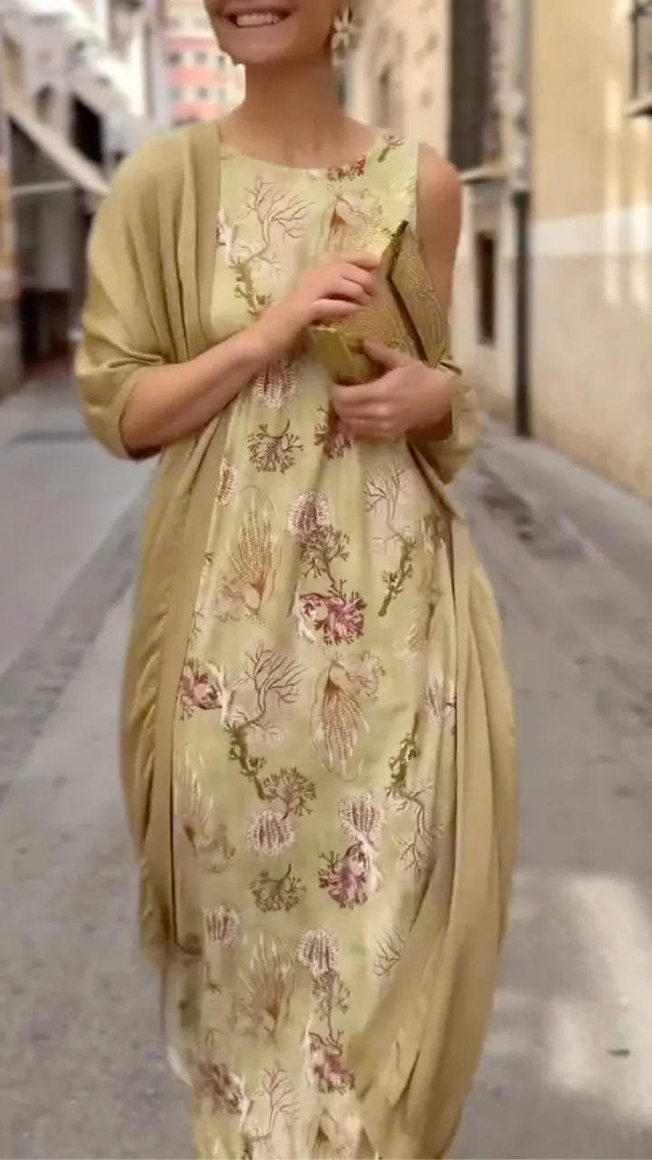 Women's Satin Long Cardigan & Printed Dress Set