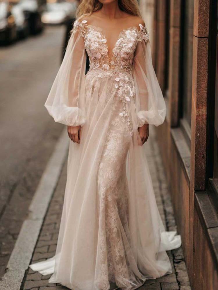 White Puff Long Sleeves Flower-Embellished See-Through Boat Neck Maxi Dresses