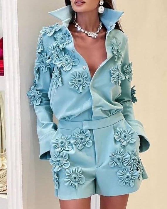 Turquoise Jumpsuit with 3D Floral Appliqués, Long Sleeves & Shorts