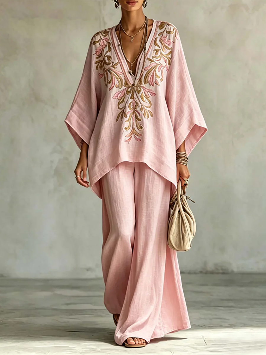 Retro Floral Print Cotton-linen Two-piece Set