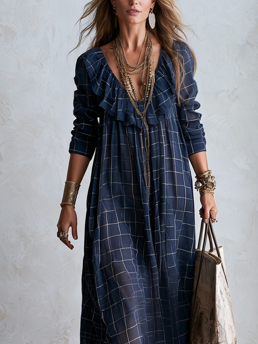 Bohemian Style Midnight Blue Plaid Ruffle Maxi Skirt