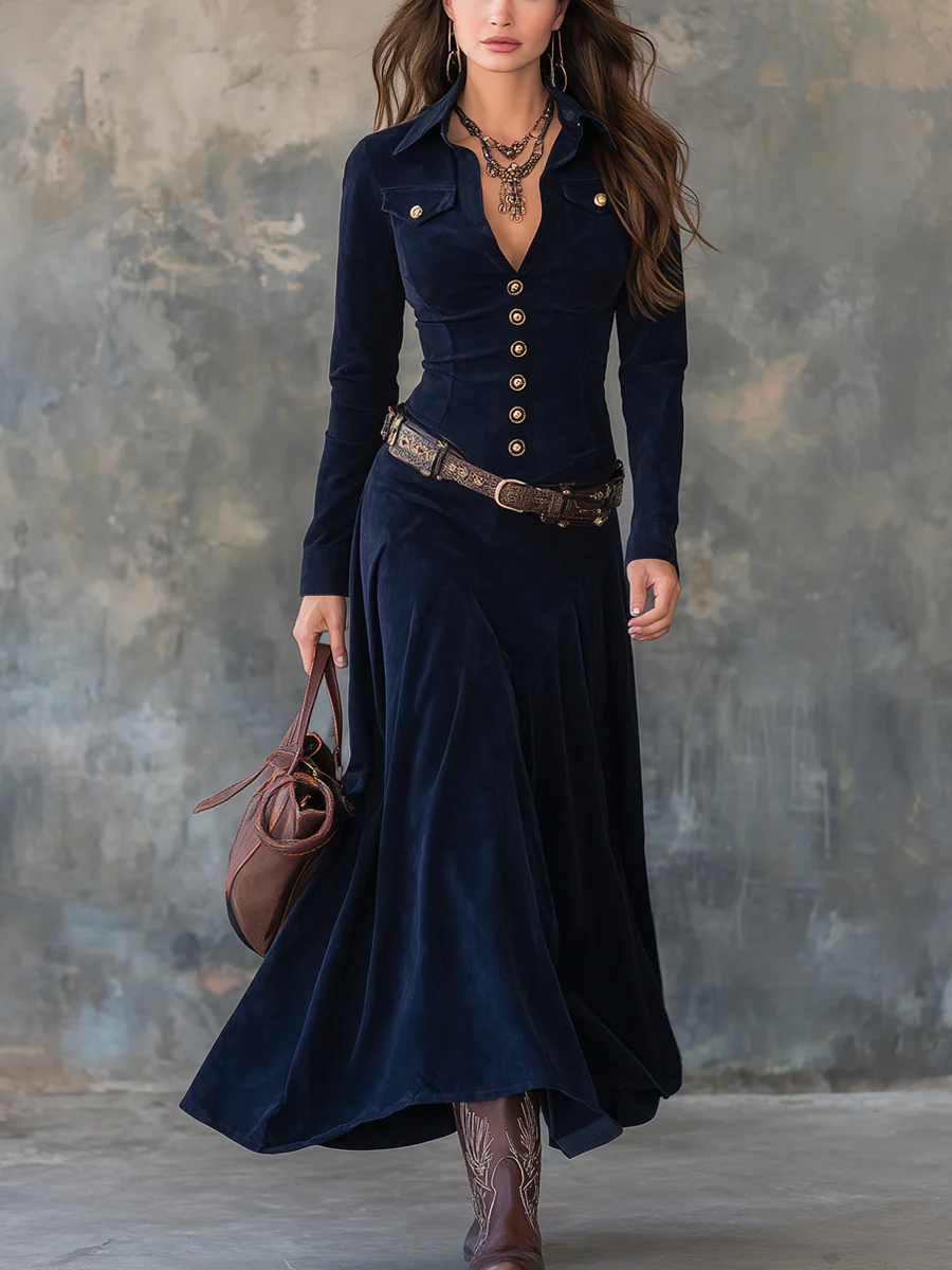 Vintage Flap Pocket Polyester Suede Maxi Dress