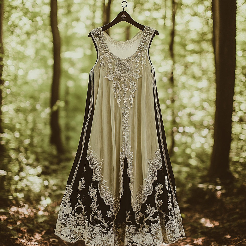 Floral Embroidered Pattern Linen Contrast Color Vest Dress