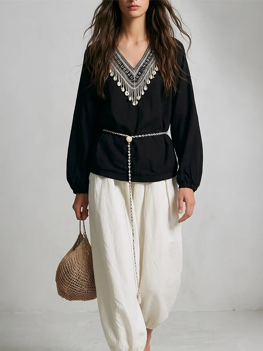 Ethnic Beaded V-Neck Blouse & Cinched-Hem Balloon Pants Set
