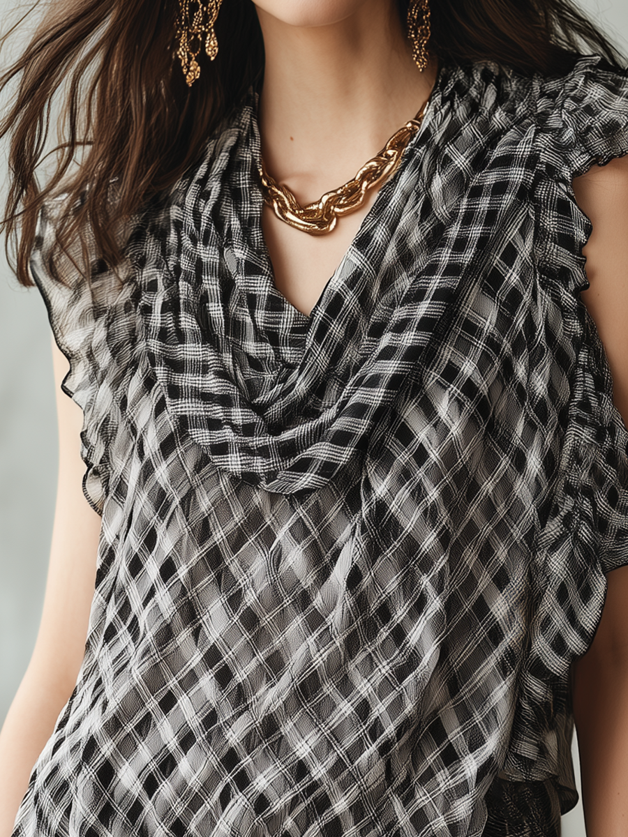 Elegant Black Plaid Ruffle Sleeveless Blouse