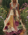 Summer Floral Embroidered Lace Patchwork Comfortable Linen Dress e6eb