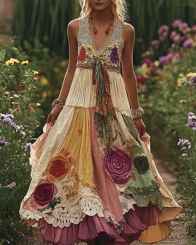 Summer Floral Embroidered Lace Patchwork Comfortable Linen Dress e6eb