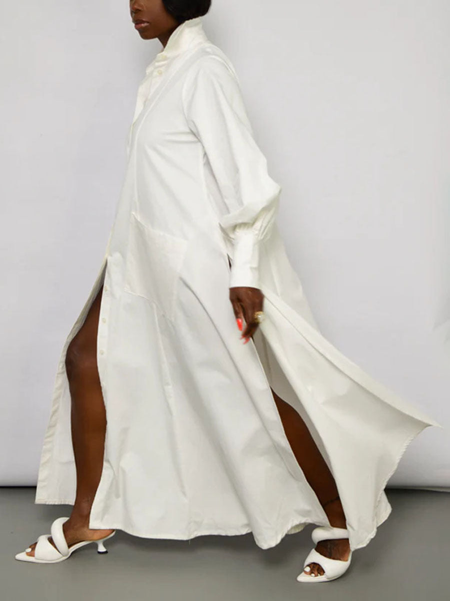 Split-side Split-front Solid Color Pockets Buttoned Loose Long Sleeves Lapel Shirt Dress Maxi Dresses