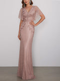 V-Neck Solid Color Lace Sequins Maxi Dress