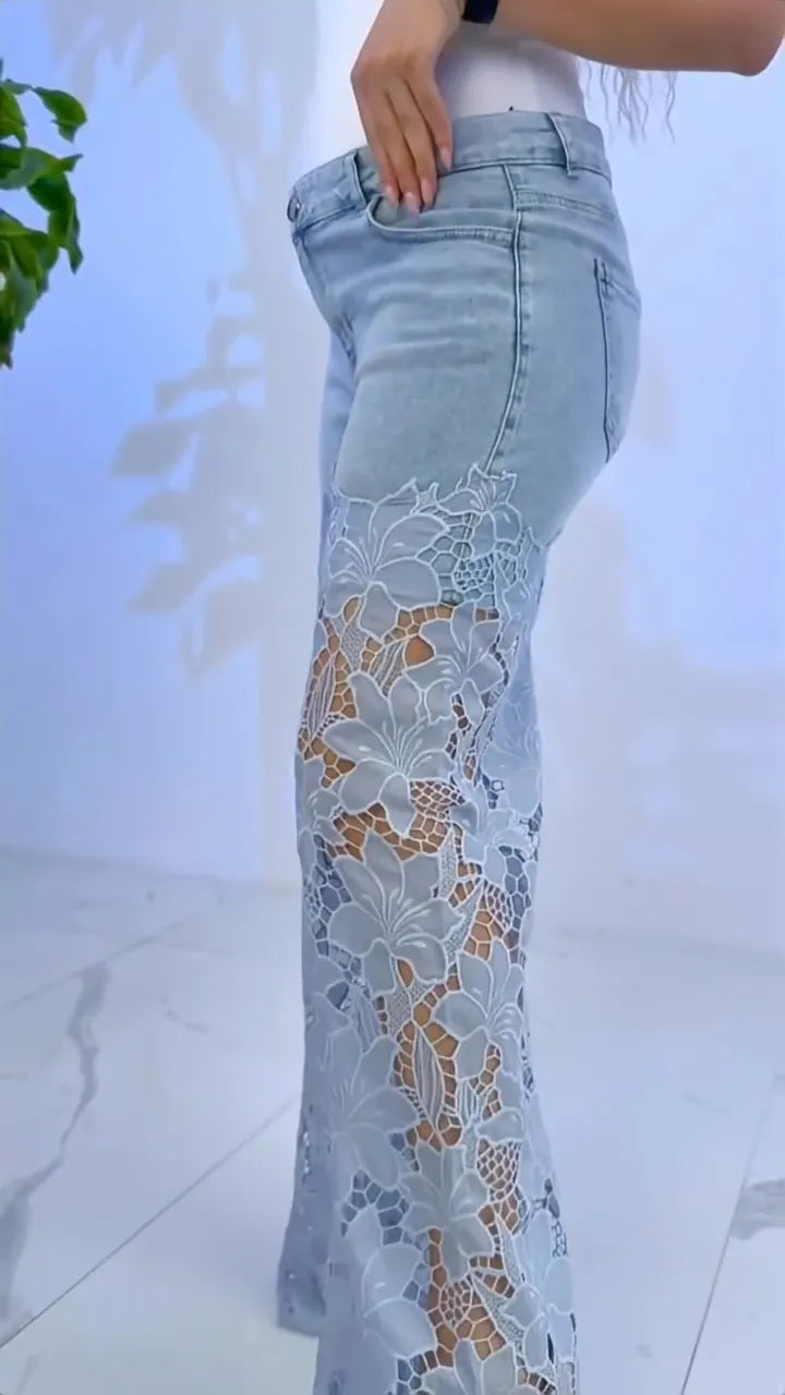 Light Wash Lace-Overlay Wide-Leg Jeans