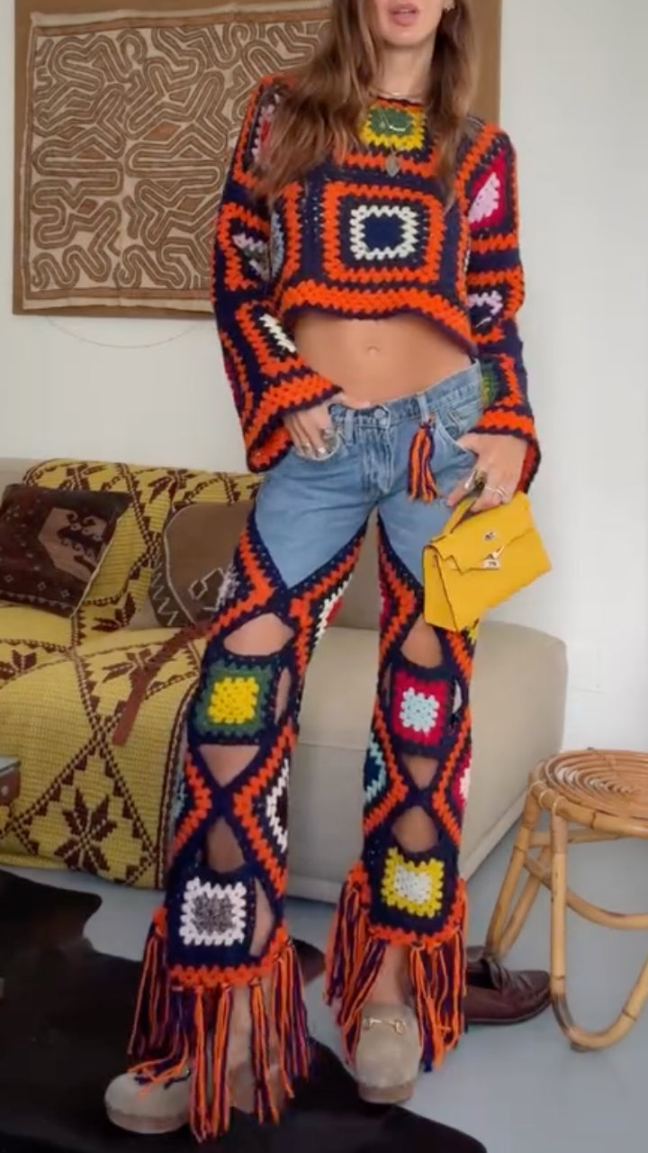 Color Block Grid Crochet Knit & Ripped Denim Pants Set