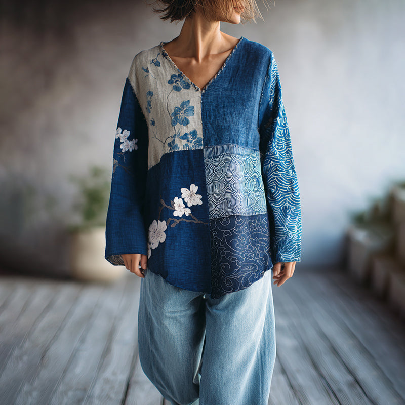 Vintage Japanese Sashiko Floral Patchwork Art Print Linen Tops