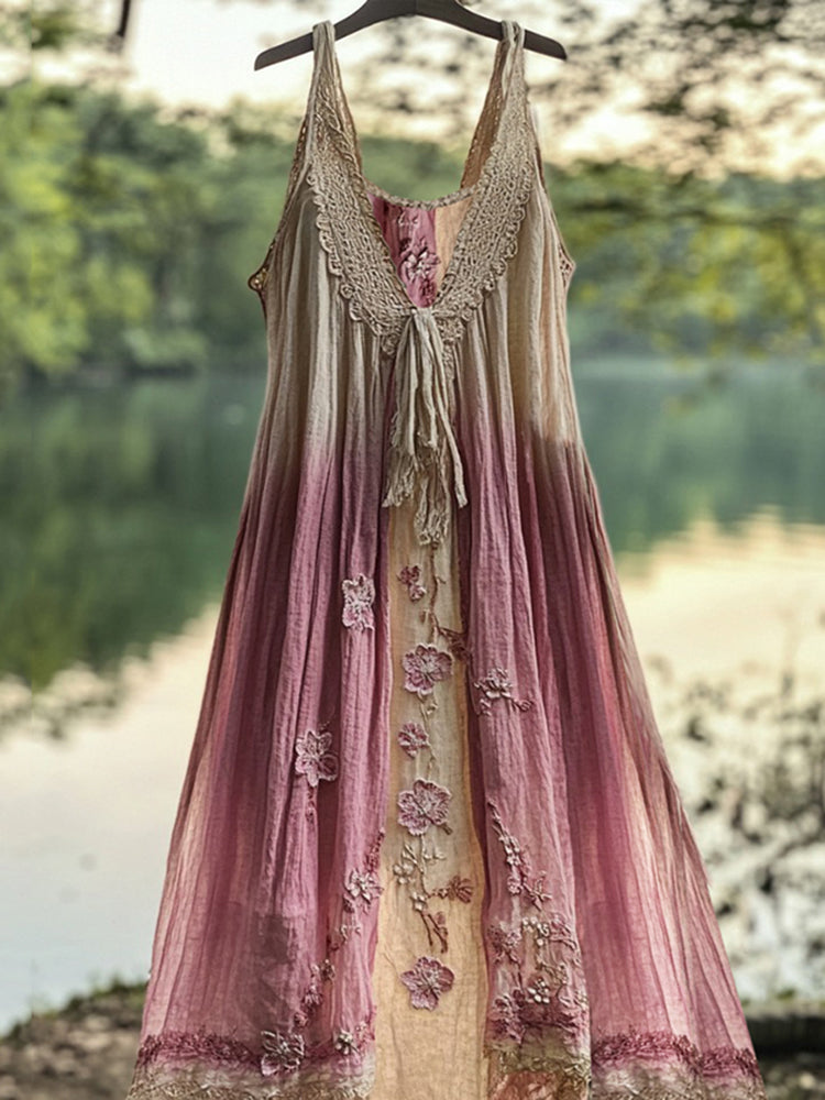 Retro Gradient Japanese Sakura Embroidered Art Lace Linen Dress