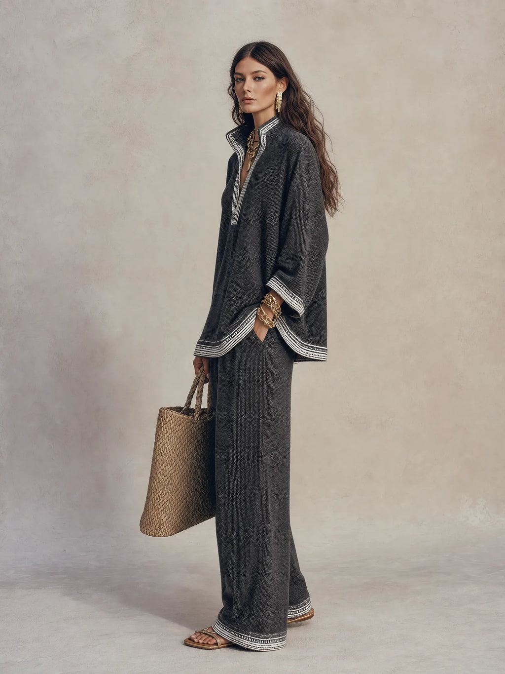 Women's Textured V-Neck Half-Zip Top and Wide-Leg Pants Two-Piece Set