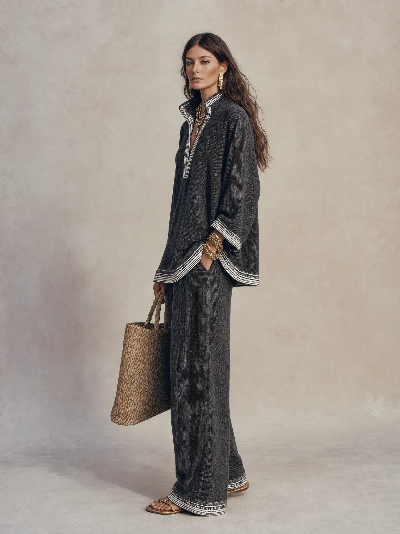 Women's Textured V-Neck Half-Zip Top and Wide-Leg Pants Two-Piece Set