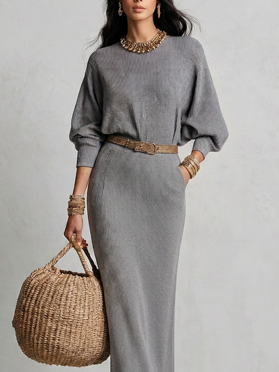 Elegant Grey Ribbed Knit Straight-Cut Maxi Dress