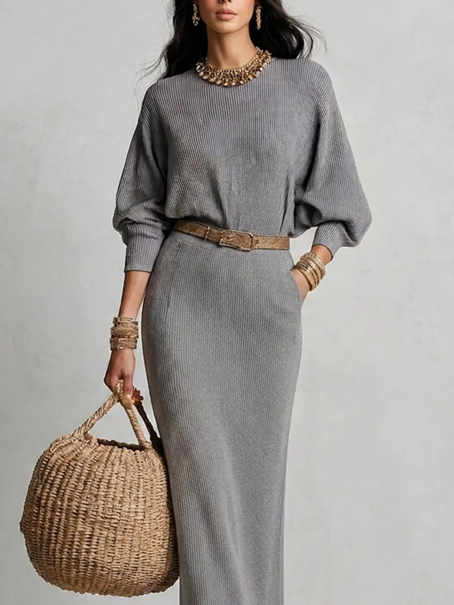Elegant Grey Ribbed Knit Straight-Cut Maxi Dress