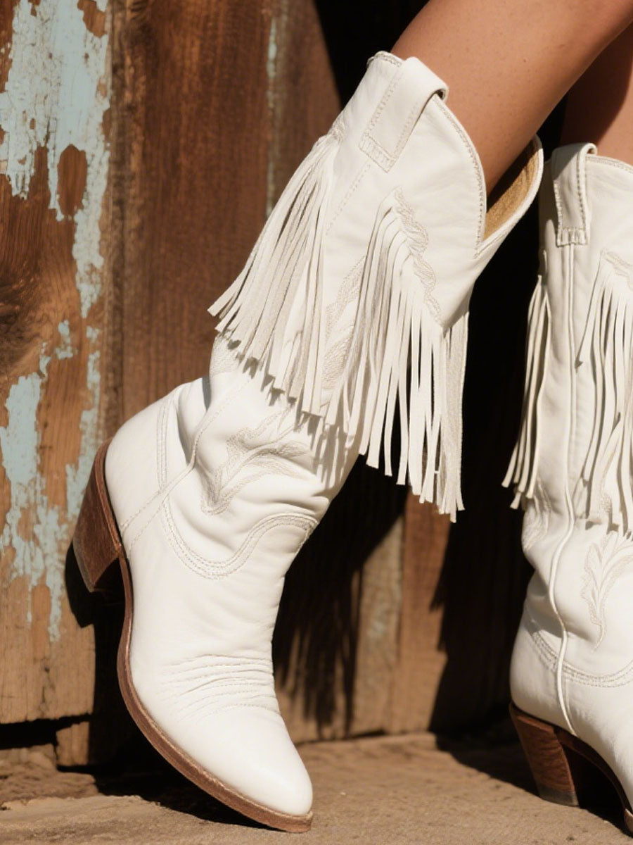 [24-hour shipping out]Women's Western Embroidered Tassel Leather Cowboy Boots