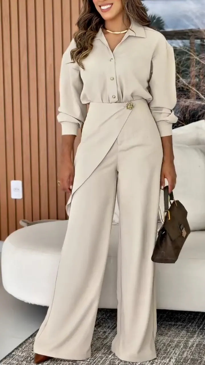 Collared Shirt & Wrap‑Waist Wide Leg Pants Co‑Ord Set