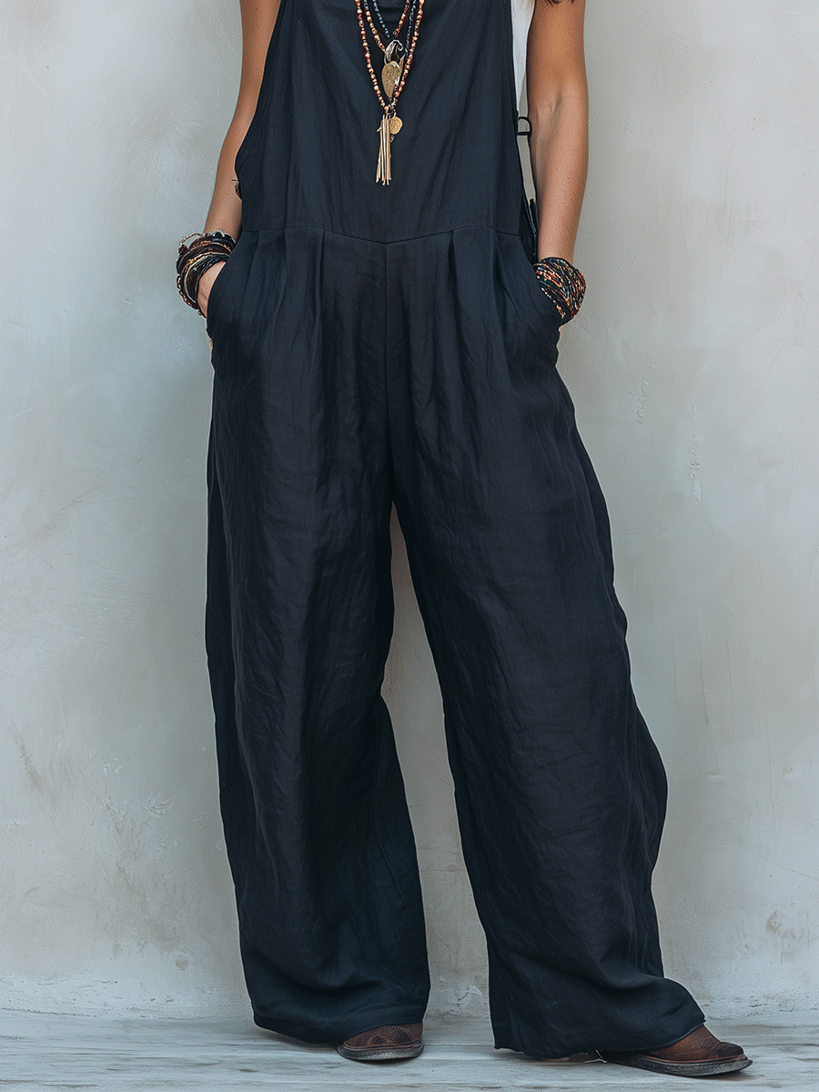 Effortless Noir Flax Layered Boho Sleeveless Wide-Leg Jumpsuit