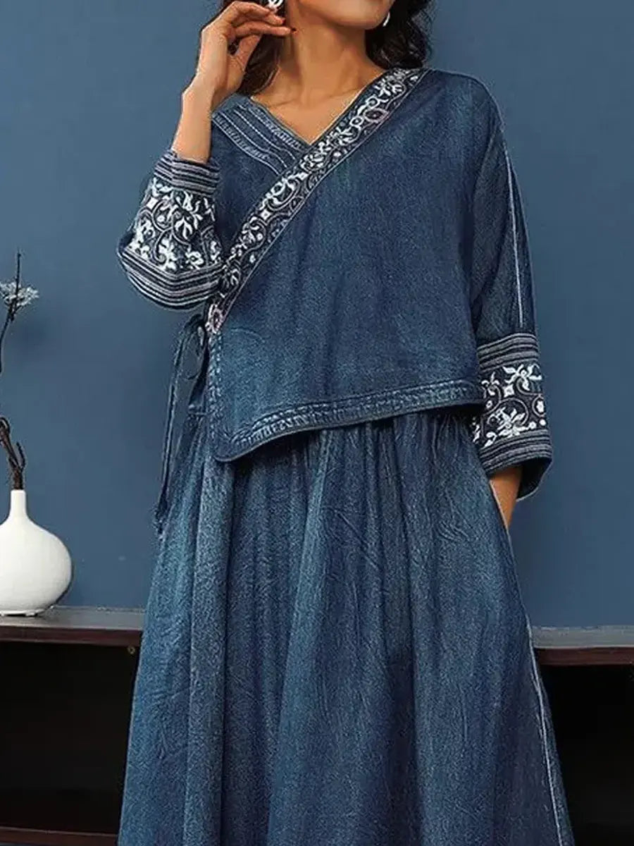 Women's Retro Ethnic Art Casual V-Neck Denim Top & Skirt Set