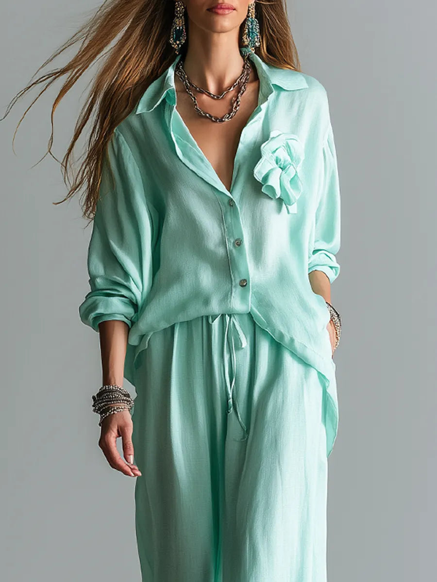 Light Mint Green Floral Shirt And Wide-leg Pants Set