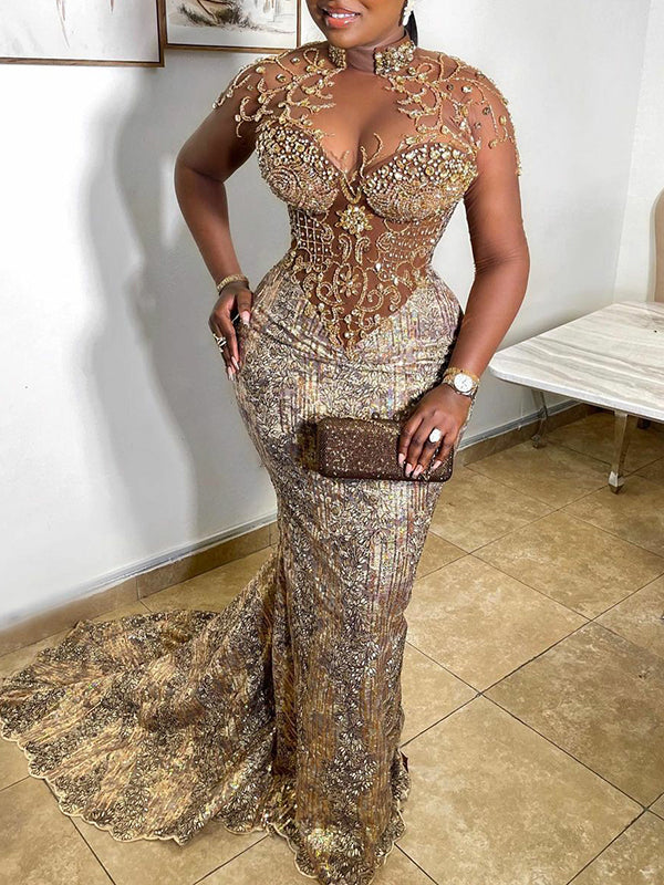 Fashion Stand Collar Long Sleeve Beaded Shiny Wrap Evening Maxi Dress