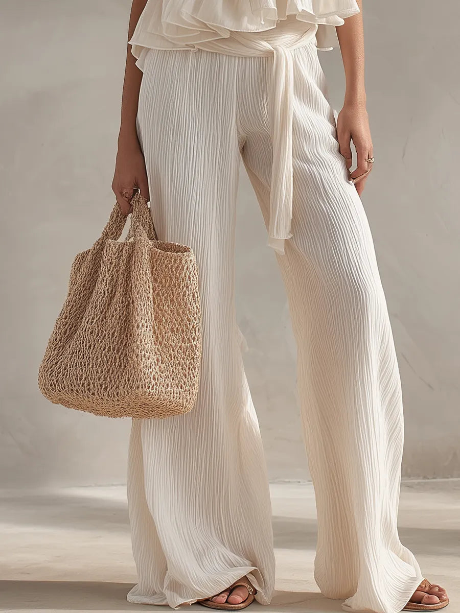 Flowy Strapless Ruffle Top & Wide-Leg Pants Set
