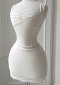 White Sweetheart Corset Cami Top & Lace Hem Mini Skirt Two Piece Set, Slim Casual Party Matching Outfit